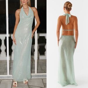 Peppermayo NWT Sheer Sequin Above the Clouds Cowl Maxi Dress Seafoam Green US 2